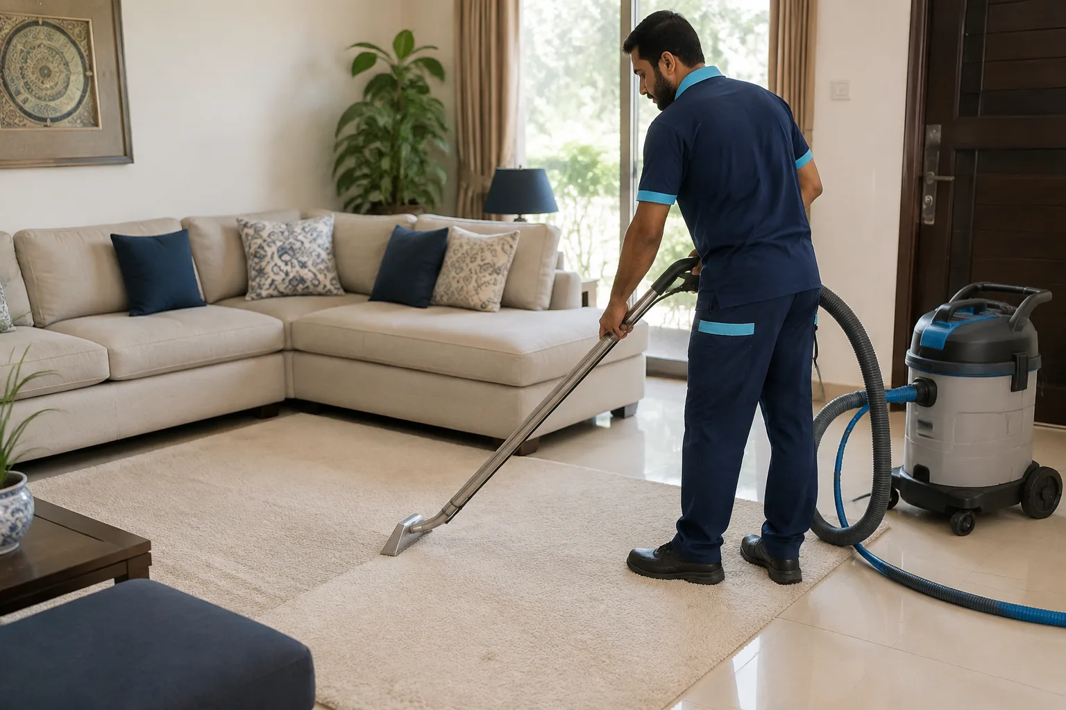 Cleaning technician using extraction equipment on a living-room carpet beside a fabric sofa