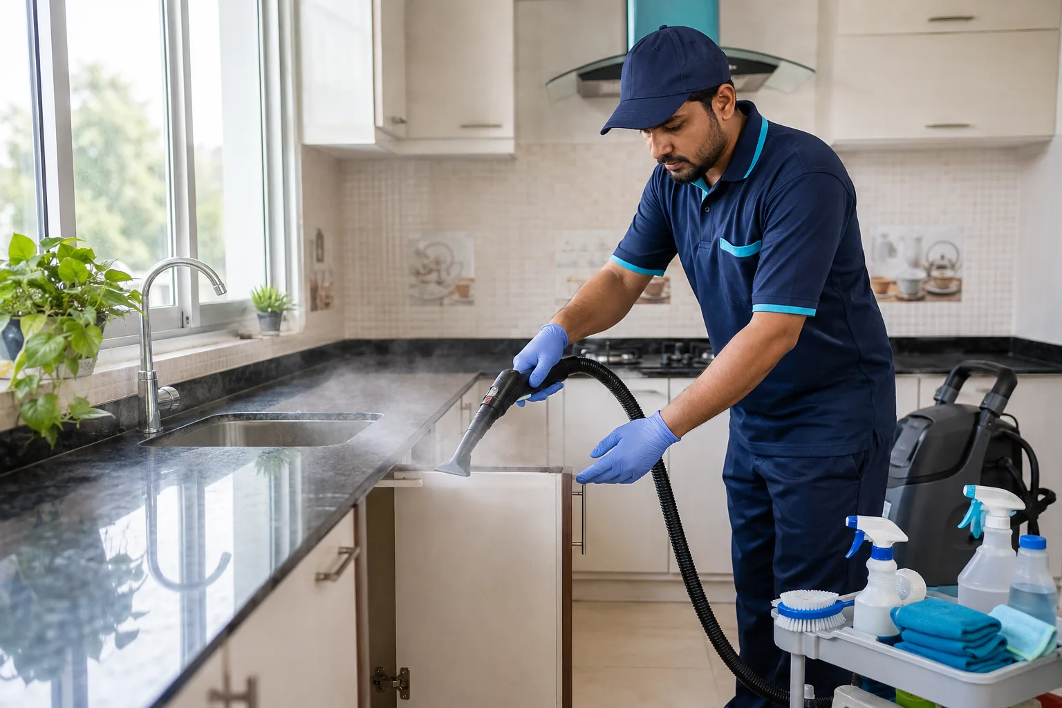 Professional cleaner steam-cleaning kitchen cabinets and work surfaces during a home deep clean