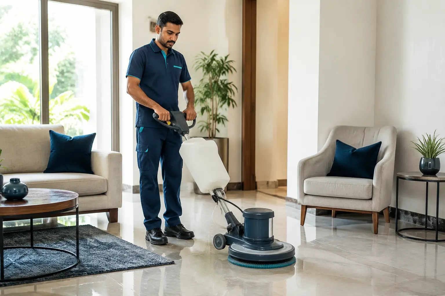 Professional cleaner using floor-cleaning equipment in a bright interior